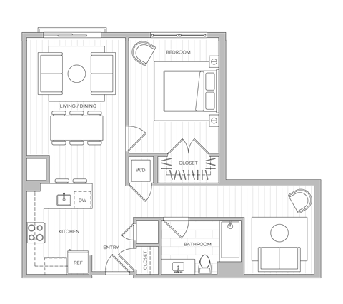 A floor plan of a house with a kitchen, living room, and bathroom.